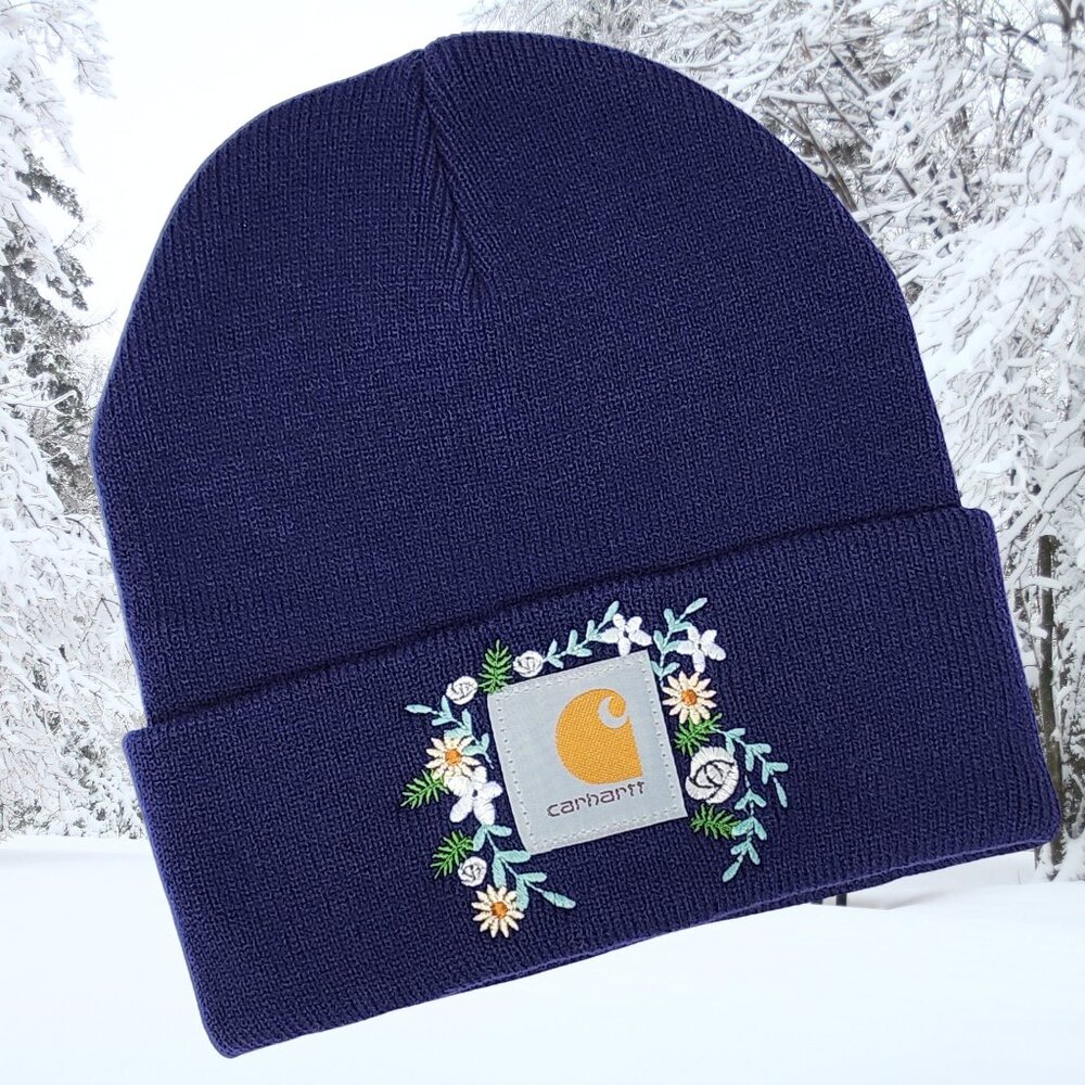 Embroidered Floral Knit Beanie – Navy Blue